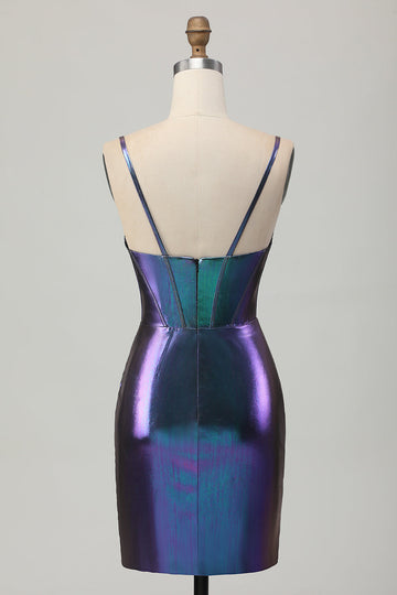 Blue Purple Bodycon Corset Ruched Metallic Homecoming Dress